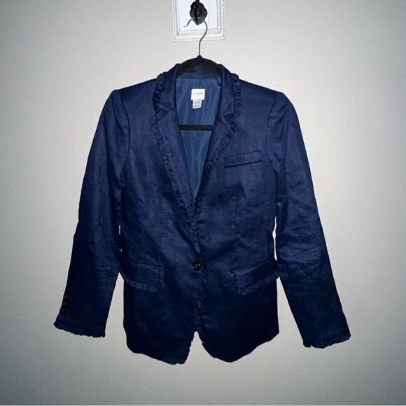 J Crew Blue Linen Ruffle Blazer - Sz 0 - Picture 1 of 13